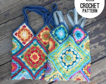 Granny Square Tote Bag Pattern, Vintage Flower Crochet Granny Squares Bag, Easy Crochet Shopping Bag, Tote Beach Bag Digital pdf pattern