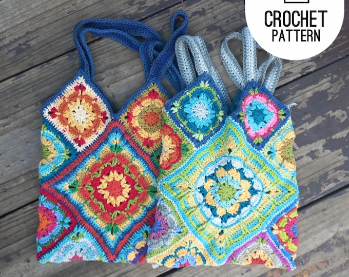 Granny Square Tote Bag Pattern, Vintage Flower Crochet Granny Squares Bag, Easy Crochet Shopping Bag, Tote Beach Bag Digital pdf pattern