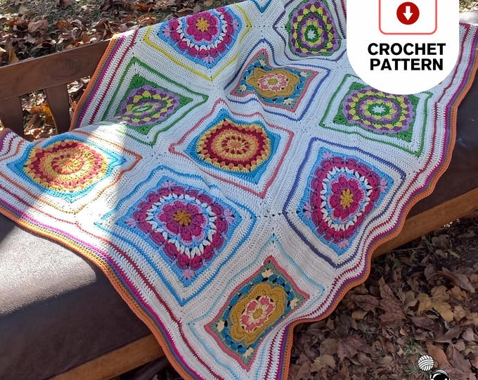 Crochet Pattern Boxed Floral Squares Granny Blanket Pattern:  (PDF Download)