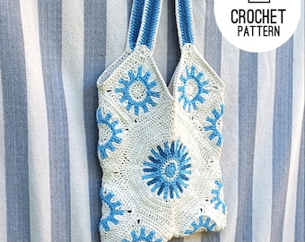 Sun Granny Square Tote Bag Pattern, Modern Bag Pattern, Crochet Shopping Bag, Large Market Bag, Crochet pattern