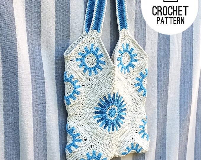 Crochet Sun Square Tote Bag Pattern, Crochet Modern Tote Bag, Crochet Squares Shopping Bag, Large Market Bag, Crochet digital pattern