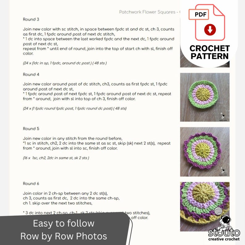 Patchwork African Flower Square Bundle | 4 Large Flowers Squares | PDF Crochet Pattern image 10