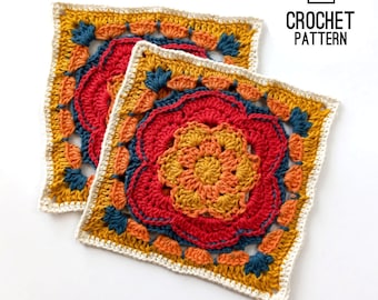 Groot bloemenpatroon voor een Grandma Square, 9 inch Afghaanse lap (PDF-patroon)