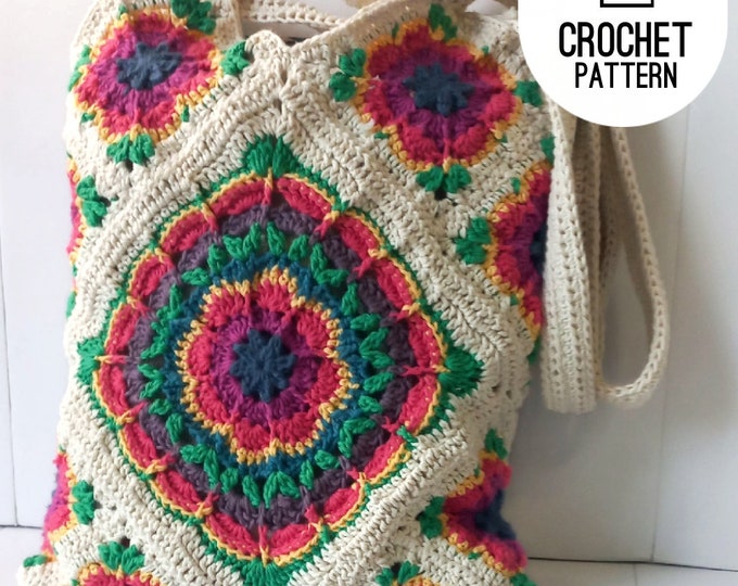 Crochet Flower Squares Tote Bag Pattern Daisy Squares Shopping Bag Pattern Granny Squares Handbag Pattern, Digital Download Pattern