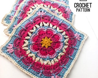 Crochet blanket square, Crazy Daisy Flower Granny Square, 9-inch granny square blanket pattern digital pdf download