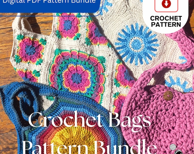 Granny Square Bags Crochet Pattern Bundle, 4 Modern Crochet Tote and Pouch Handbags, Digital PDF Patterns