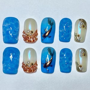 Handmade Classy Koi Fish Custom Press On Nails| Japanese Style Gel Nails| Asian Trendy Nails| Pond Lotus Flower Nails| Reusable Nails