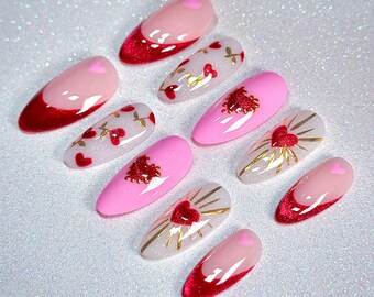 Romantic Red Glitter Heart Press On Nails – Glam Valentine / Date Night Nails – Feminine Almond Luxury Custom Set – Gift for Her