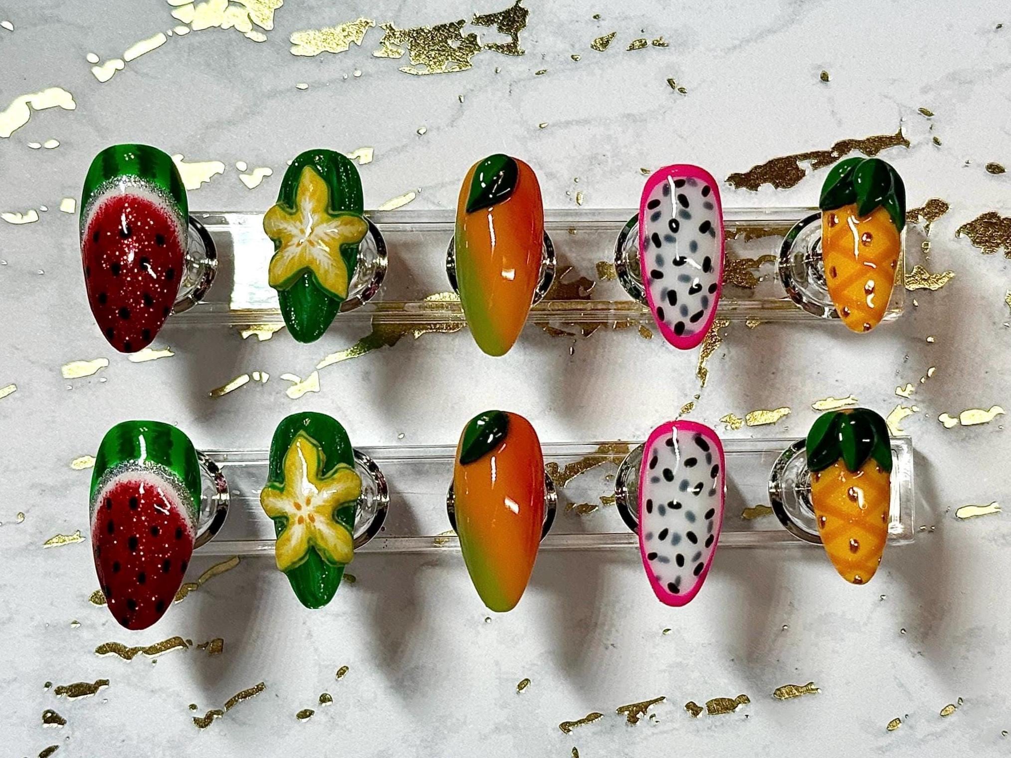 Tropical Fruit Handmade Custom Press On Nails | Gel Nails, 3D Nail Art, Summer Nails, Reusable Nails, Stick On Nails