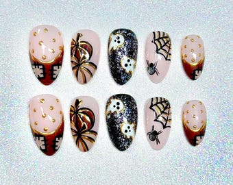 Halloween Press On Nails – Spooky Ghost & Pumpkin Fake Nails | Fall Themed Spooky Cute Nail Designs | Reusable Press-On Halloween Nails