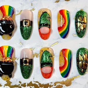 St. Patrick’s Day Press On Nails | Rainbow Gold Pot Nails | Green Glitter Lucky Charm Set | 3D Shamrock Leprechaun Nail Art