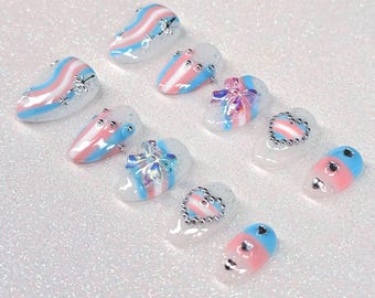 Transgender Flag Pride Handmade Press On Nails | Gel Nails, LGBT+ Nail Art, Pride Nails, Reusable Nails, Pride Month Gift, Trendy Nails