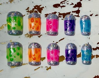 Funky Lava Lamp Handmade Custom Press On Nails | Gel Nails, Rainbow Neon Nails, Groovy Nails, Reusable Nails, False Nails Neon