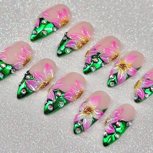 Unghie finte floreali 3D / Punte cromate con fiori rosa dipinti a mano / Nail art con giardino di strass / Set di unghie lunghe con fiori primaverili