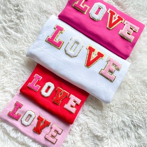 Valentine’s Day LOVE Chenille Glitter Patch Crewneck Sweatshirt Black White Pink Red Women’s Kids Toddler