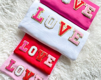 Valentine’s Day LOVE Chenille Glitter Patch Crewneck Sweatshirt Black White Pink Red Women’s Kids Toddler