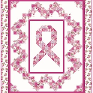 May include: A pink and white quilt with a ribbon design at the centre. The quilt features a patchwork design with floral and gingham patterns. The border is a solid pink, and the edges have a floral pattern.