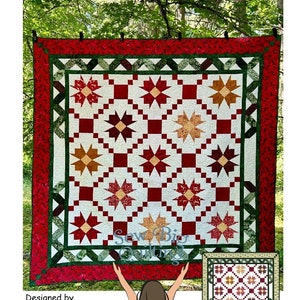 May include: A quilt pattern called "Patti" designed by JoAnna Rogers. The quilt is 86 inches by 86 inches and features a red, green, and white color scheme with a starburst pattern.