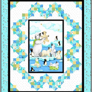 May include: A white quilt with a blue and yellow patchwork border. The center of the quilt features a white background with a scene of polar bears on an ice floe. The polar bears are surrounded by penguins and a blue sky with clouds.