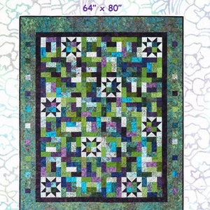 May include: A quilt pattern called "Debbie" by Sew Big Quilting, featuring a colorful patchwork design with a variety of green, blue, purple, and black fabrics. The quilt is 64 inches by 80 inches and is made with Island Batik fabrics. The quilt is photographed on a white background with floral designs.