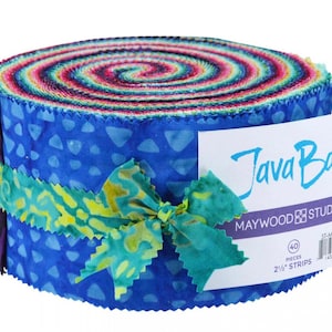 May include: A roll of colorful batik fabric with a blue patterned exterior and a teal ribbon tied in a bow. The fabric roll contains 40 pieces of 2.5-inch strips. The label reads "Java Batik" and "Maywood Studio."
