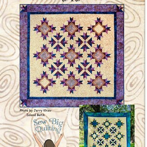 May include: Sew Big Quilting pattern for a quilt called "Teri" featuring a geometric design with a starburst pattern in shades of purple, blue, and gold. The quilt is 87 inches by 87 inches.