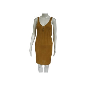 Made in Italy Mustard Yellow Rib Knit V-neck Sleeveless Rib Knit Knee-length Short Casual Dress Size: 4 S image 1