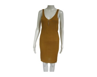 Made in Italy Mustard Yellow Rib Knit V-neck Sleeveless Rib Knit Knee-length Short Casual Dress Size: 4 (S)