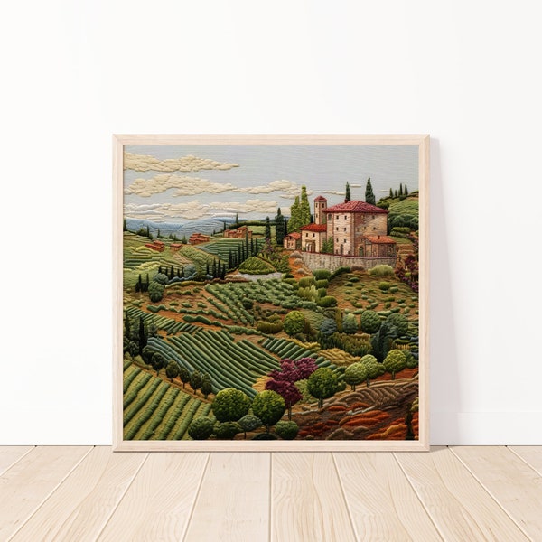 Rustic Tuscan Landscape Digital Print, Vintage Villa and Vineyards Wall Art, Embroidery Style Tuscany Artwork, Italy Scenery Decor, 20"x20"