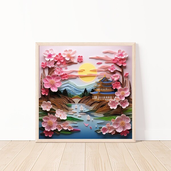 Japanese Cherry Blossom Sunset Scenery Digital Wall Art, Abstract Asian Landscape Print, Tranquil Nature Decor, Instant Download, 20"x20"