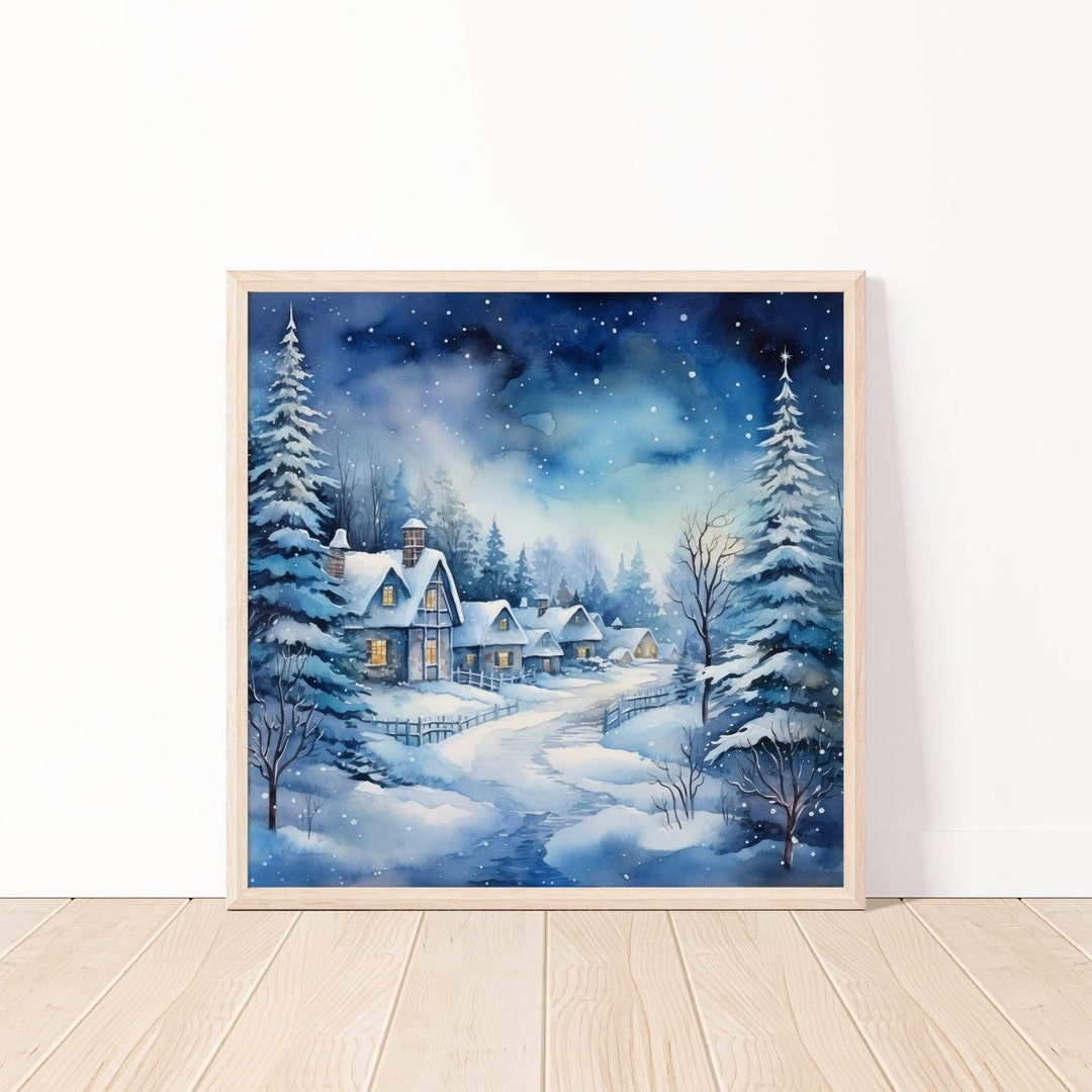 Black White Winter Woodland Wall Art Set. Reindeers, Cabin