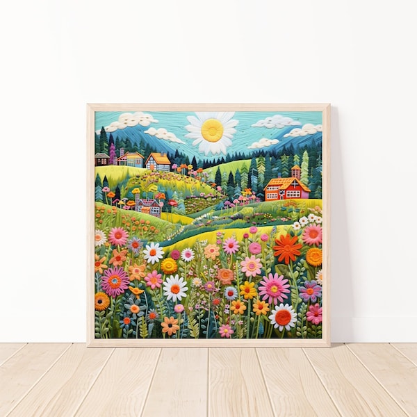 Vibrant Folk Art Landscape Digital Wall Art, Sunlit Flower Fields, Country Floral Embroidery Art, Colorful Home Decor, 20x20 Printable