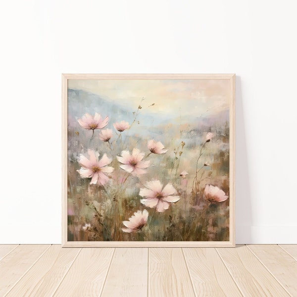 Pastel Floral Landscape Digital Art, Soft Pink Cosmos Field Wall Print, Rustic Country Home Decor, Instant Download Artwork