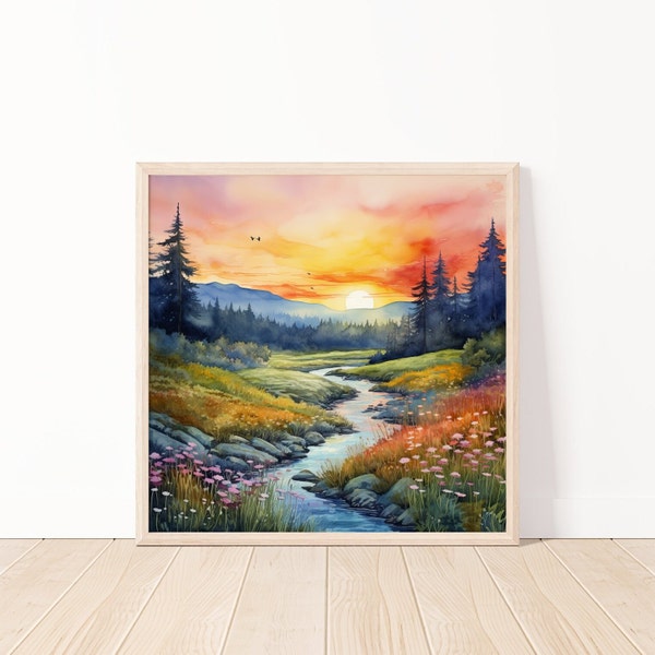 Watercolor Sunset Landscape Wall Art, Flower Meadow Digital Painting, River and Wildflowers, Sunset Digital Wall Art Download 20x20 Inch