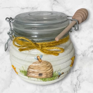 Decoupaged honey pot with dipper. Bees. Gift.