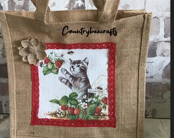 Jute/Hessian bag. Lunch Bag/shopper. Decoupaged. Cat. Gift