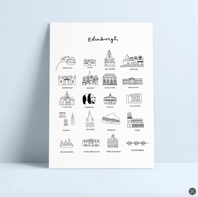 Puede incluir: Un grabado en blanco y negro con ilustraciones de lugares emblem&aacute;ticos de Edimburgo. La palabra "Edinburgh" est&aacute; escrita en cursiva en la parte superior. Incluye el Castillo de Edimburgo y el puente Forth.