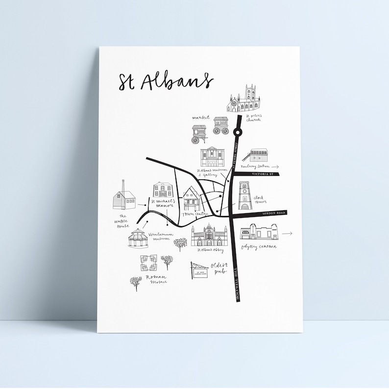 St Albans Illustrated Map Black and White/ Coloured image 2