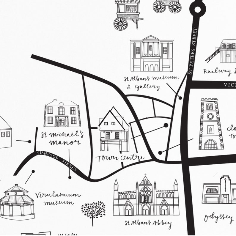 St Albans Illustrated Map Black and White/ Coloured image 3