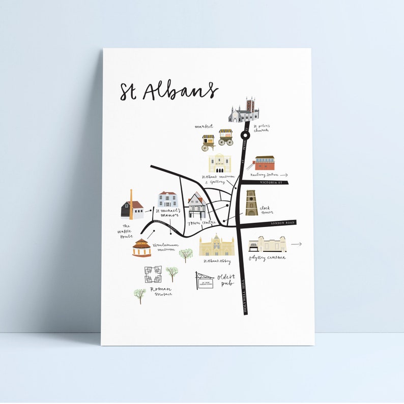 St Albans Illustrated Map Black and White/ Coloured image 1