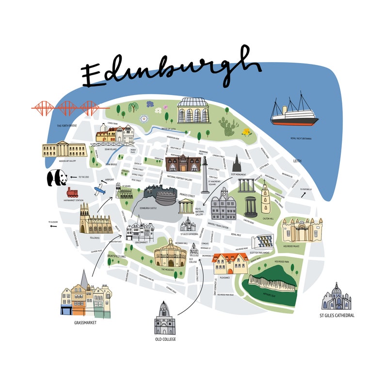 Puede incluir: Mapa ilustrado de Edimburgo, Escocia, con puntos de referencia como el Castillo de Edimburgo y la Catedral de St Giles. El mapa incluye el puente Forth y la palabra "Edinburgh" en cursiva. El fondo es blanco y el estilo es colorido e ilustrativo.