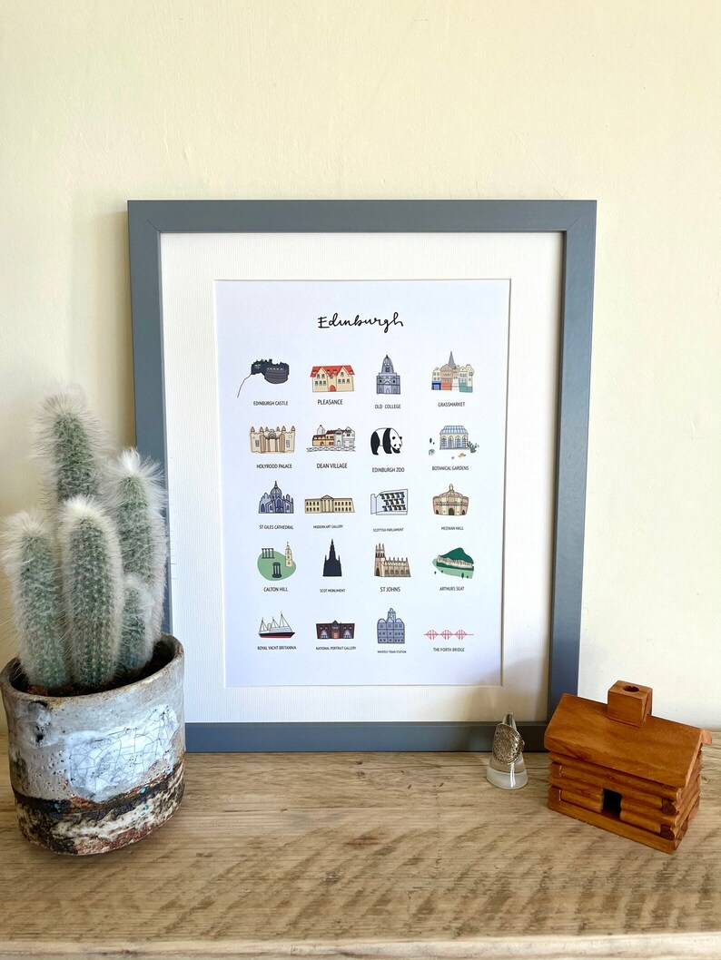 Puede incluir: Un p&oacute;ster enmarcado con ilustraciones coloridas de los lugares emblem&aacute;ticos de Edimburgo, como el Castillo de Edimburgo y el Forth Bridge. El p&oacute;ster est&aacute; en un marco gris. Un cactus en maceta y una figura de casa de madera son visibles.