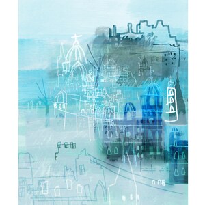 Puede incluir: Una impresi&oacute;n art&iacute;stica abstracta de un paisaje urbano en tonos azules y verde azulado. La obra presenta contornos arquitect&oacute;nicos de edificios y c&uacute;pulas, con la palabra "Edinburgh" y el nombre del artista en la parte inferior.