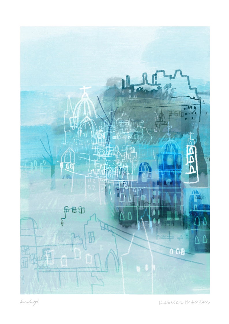 Puede incluir: Una impresi&oacute;n art&iacute;stica abstracta de un paisaje urbano en tonos azules y verde azulado. La obra presenta contornos arquitect&oacute;nicos de edificios y c&uacute;pulas, con la palabra "Edinburgh" y el nombre del artista en la parte inferior.
