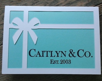 Personalised Audrey Card, white bow, turquoise blue card, Robins egg blue card