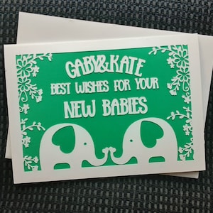 Personalised Baby Shower card with elephants custom made;twins baby shower
