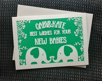 Tarjeta personalizada para baby shower de elefante: Tarjeta personalizada para gemelos