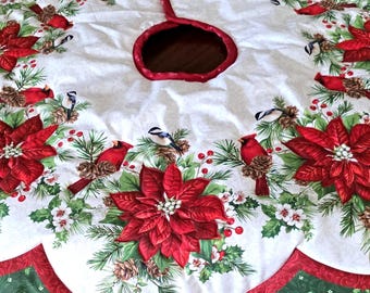 Reversible Christmas Tree Skirt, Poinsettia and Cardinal Tree, Traditional red and green