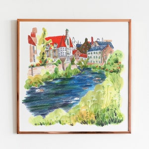 Dean Village Watercolour Print. Edinburgh Landscape Artwork. image 1