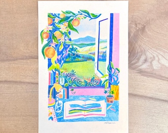 Window View, Oranges in Summer - Risograph Print, Landscape Artwork.